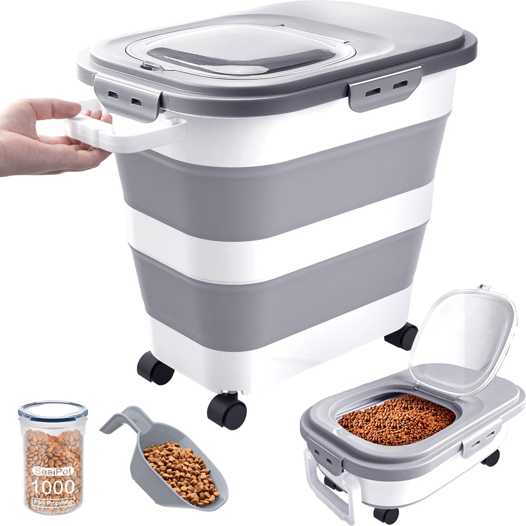 DDMOMMY Airtight Dog & Cat Food Storage Container with Lid, Wheels & Scoop, Grey, 25-lb capacity