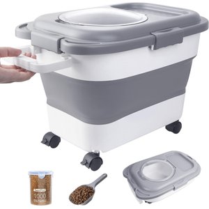 DDMOMMY Collapsible Dog & Cat Food Storage Container with Airtight Lid, Wheels & Scoop, Grey, 23-lb capacity