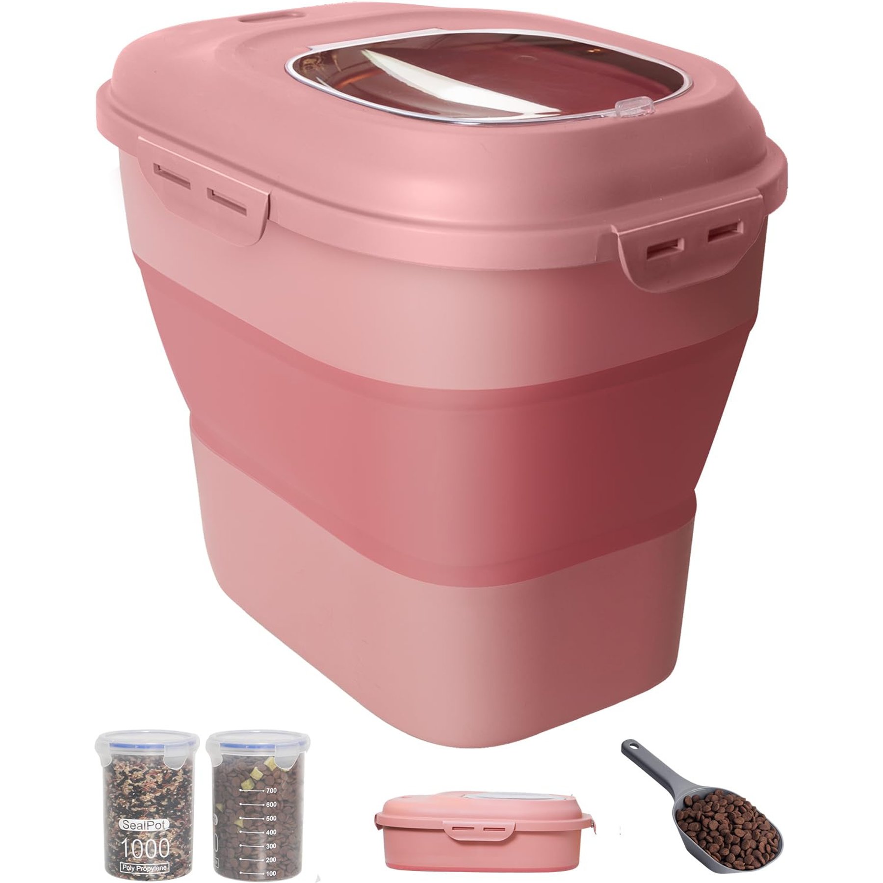 DDMOMMY Collapsible Dog & Cat Food Container with Wheels, Airtight Lids, Scoop & 2 Storage Containers, Pink, 35-lbs