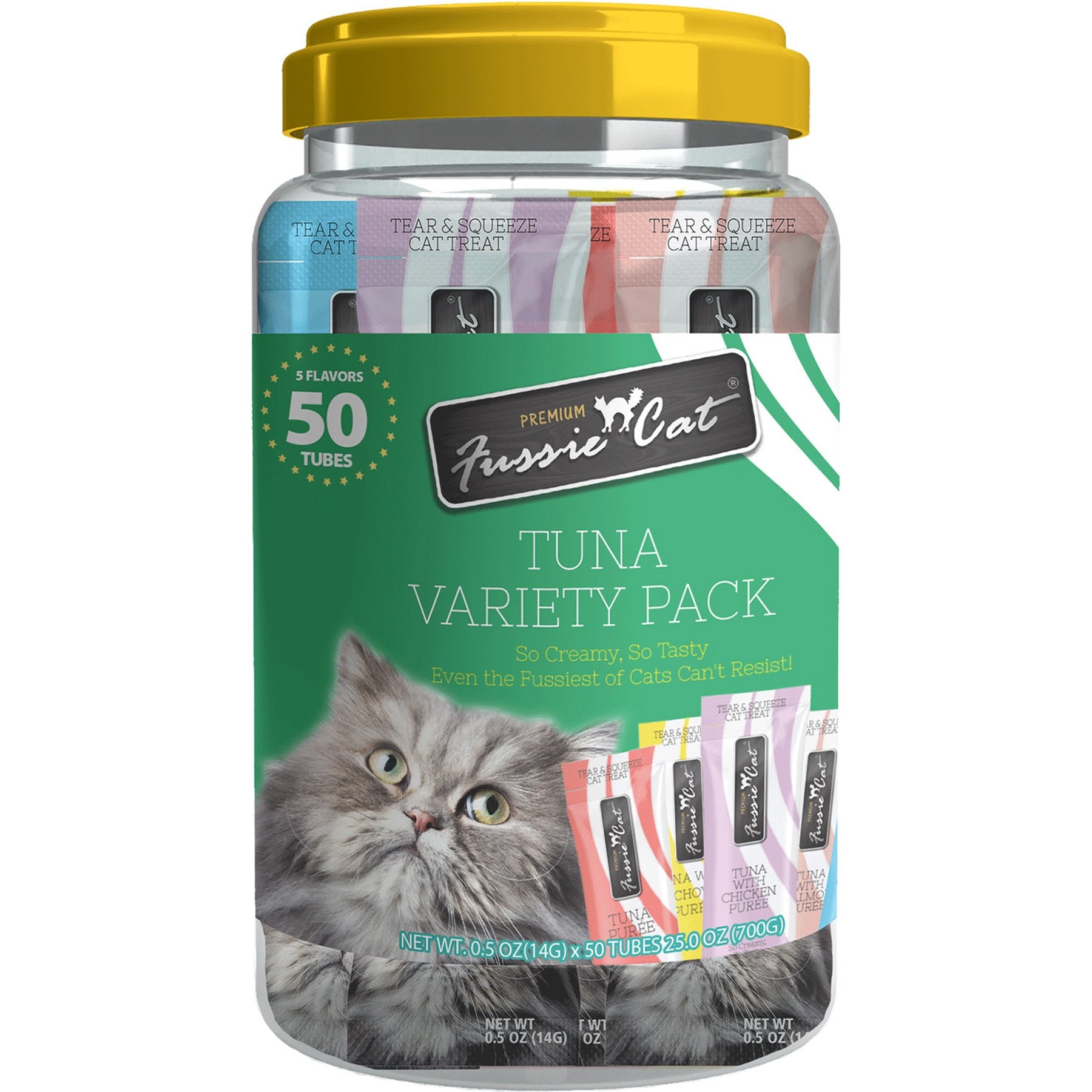 Fussie Cat Tuna 5 Flavors Variety Lickable Cat Treats, 0.5-oz tube, 50 count