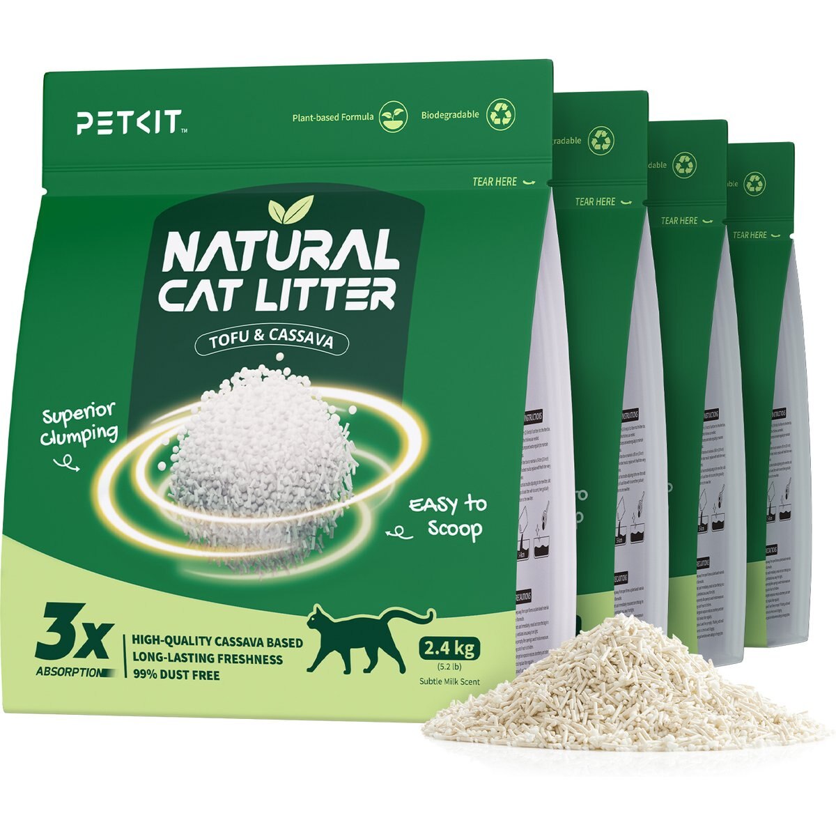 PETKIT Natural Tofu & Cassava Clumping Cat Litter, 5.2-lb bag, 4 count