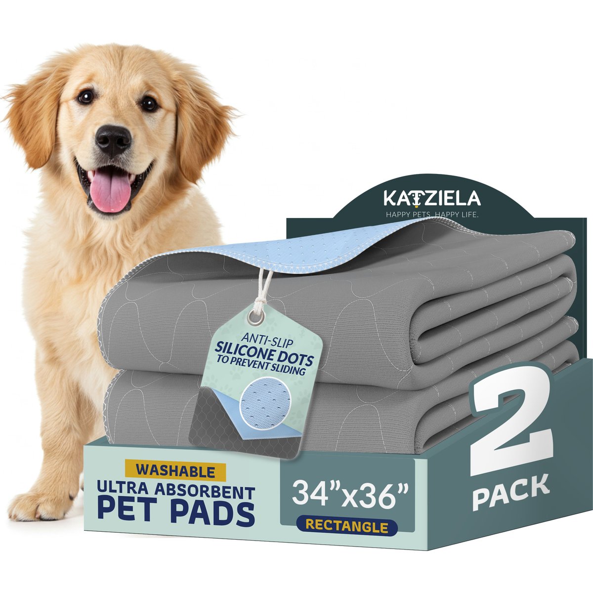 Katziela Washable Dog Pee Pads, 34 x 36-in, 2 count