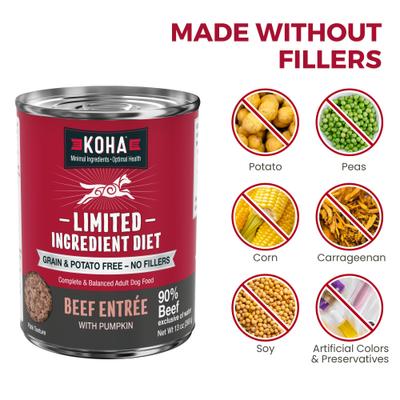 Show full view: KOHA Limited Ingredient Diet Beef Entree Grain-Free Wet Dog Food, 13-oz can, case of 12 slide 5 of 9