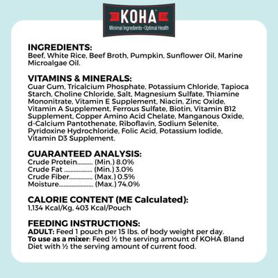 Show full view: KOHA Limited Ingredient Bland Diet Sensitive Stomach Beef & White Rice Wet Dog Food, 12.5-oz pouch, case of 6 slide 8 of 10