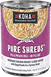 KOHA Pure Shreds Chicken & Beef Entree High Protein Wet Dog Food, 12.5-oz can, case of 12