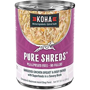 KOHA Pure Shreds Chicken & Beef Entree High Protein Wet Dog Food, 12.5-oz can, case of 12