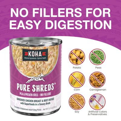 Show full view: KOHA Pure Shreds Chicken & Beef Entree High Protein Wet Dog Food, 12.5-oz can, case of 12 slide 6 of 8