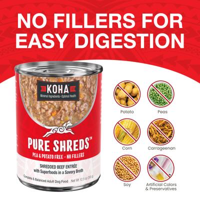 Show full view: KOHA Pure Shreds Beef Entree High Protein Wet Dog Food, 12.5-oz can, case of 12 slide 6 of 8