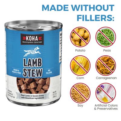 Show full view: KOHA Lamb Stew High Protein Limited Ingredient Wet Dog Food, 12.7-oz can, case of 12 slide 6 of 9