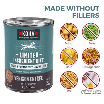 Show full view: KOHA Limited Ingredient Diet Venison Entree Grain-Free Wet Dog Food, 13-oz can, case of 3 slide 5 of 9