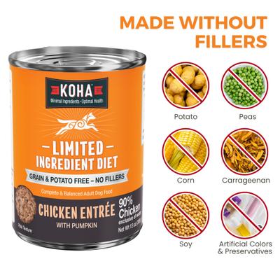 Show full view: KOHA Limited Ingredient Diet Chicken Entree Grain-Free Wet Dog Food, 13-oz can, case of 3 slide 6 of 9
