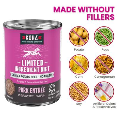 Show full view: KOHA Limited Ingredient Diet Pork Entree Grain-Free Wet Dog Food, 13-oz can, case of 12 slide 5 of 9