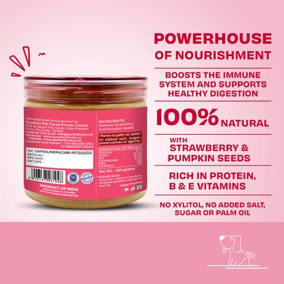 Show full view: Pawfect All Natural Peanut Butter with Strawberry & Pumpkin Seeds Grain-Free Food Topper & Lickable Dog Treat, 15.87-oz jar slide 3 of 10