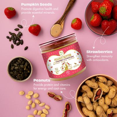 Show full view: Pawfect All Natural Peanut Butter with Strawberry & Pumpkin Seeds Grain-Free Food Topper & Lickable Dog Treat, 15.87-oz jar slide 4 of 10