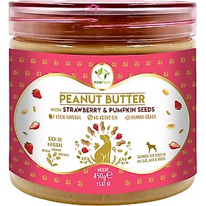 Pawfect All Natural Peanut Butter with Strawberry & Pumpkin Seeds Grain-Free Food Topper & Lickable Dog Treat, 15.87-oz jar