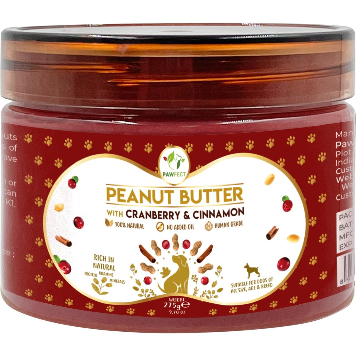 Pawfect All Natural Peanut Butter with Cranberry & Cinnamon Grain-Free Food Topper & Lickable Dog Treat, 9.70-oz jar