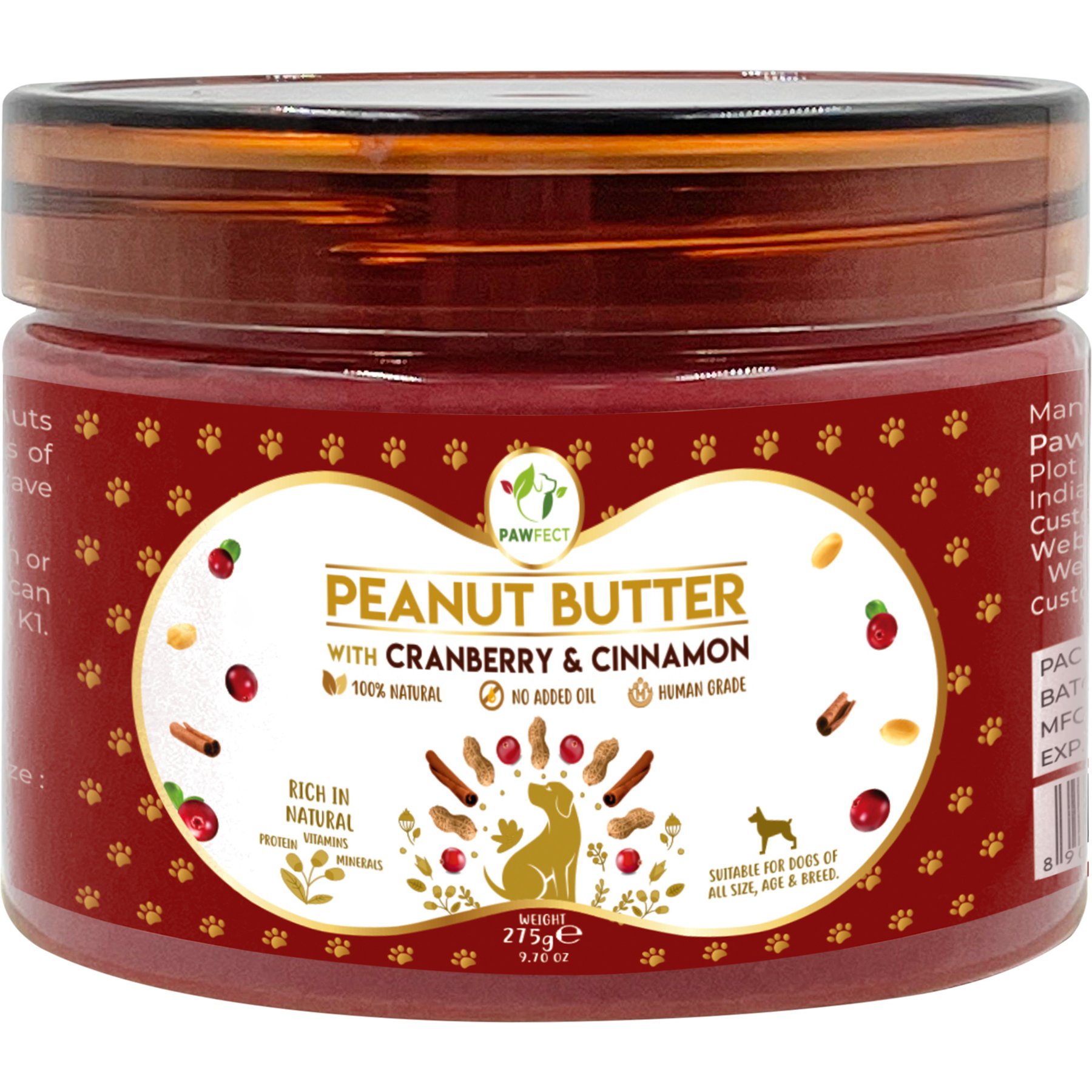 Pawfect All Natural Peanut Butter with Cranberry & Cinnamon Grain-Free Food Topper & Lickable Dog Treat, 9.70-oz jar