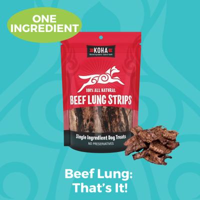 Show full view: KOHA Air-Dried Single Ingredient Beef Lung Strips Natural Chew Dog Treats, 3.25-oz bag slide 3 of 6