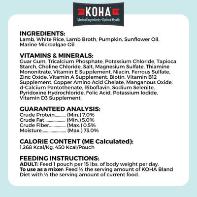 Show full view: KOHA Limited Ingredient Bland Diet Sensitive Stomach Lamb & White Rice Wet Dog Food, 12.5-oz pouch, case of 6 slide 8 of 10
