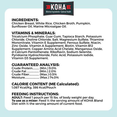 Show full view: KOHA Limited Ingredient Bland Diet Sensitive Stomach Chicken & White Rice Wet Dog Food, 12.5-oz pouch, case of 6 slide 8 of 10