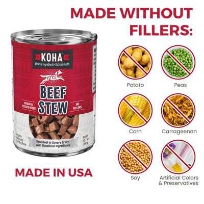 Show full view: KOHA Beef Stew High Protein Limited Ingredient Wet Dog Food, 12.7-oz can, case of 12 slide 7 of 9