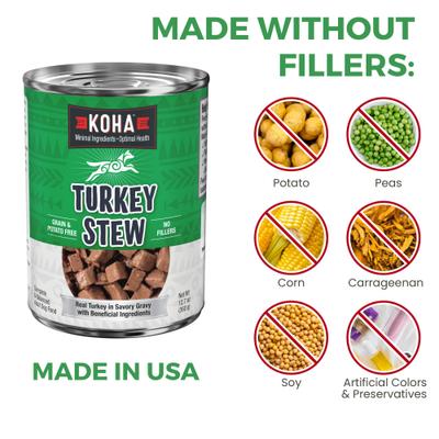 Show full view: KOHA Turkey Stew High Protein Limited Ingredient Wet Dog Food, 12.7-oz can, case of 12 slide 7 of 9