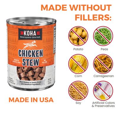 Show full view: KOHA Chicken Stew High Protein Limited Ingredient Wet Dog Food, 12.7-oz can, case of 12 slide 7 of 9