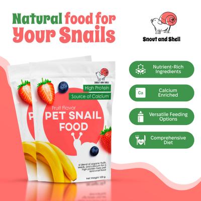 Show full view: Snout and Shell Fruit Flavor Land Snail Food, 100-g bag slide 2 of 7