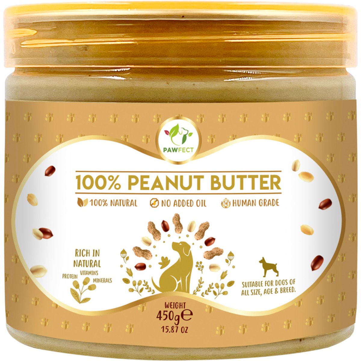 Pawfect All Natural Peanut Butter Grain-Free Food Topper & Lickable Dog Treat, 15.87-oz jar