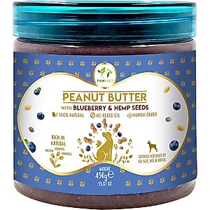 Pawfect All Natural Peanut Butter with Blueberry & Hempseeds Grain-Free Food Topper & Lickable Dog Treat, 15.87-oz jar