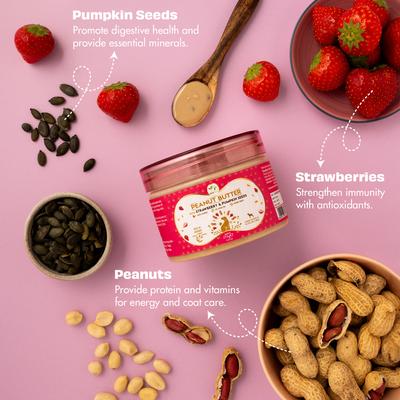Show full view: Pawfect All Natural Peanut Butter with Strawberry & Pumpkin Seeds Grain-Free Food Topper & Lickable Dog Treat, 9.70-oz jar slide 4 of 9