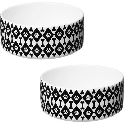 10 Strawberry Street 10 Strawberry Street Felix Paw & Bone Diamond Patter Dog Bowl, Set of 2, Black/White, Large