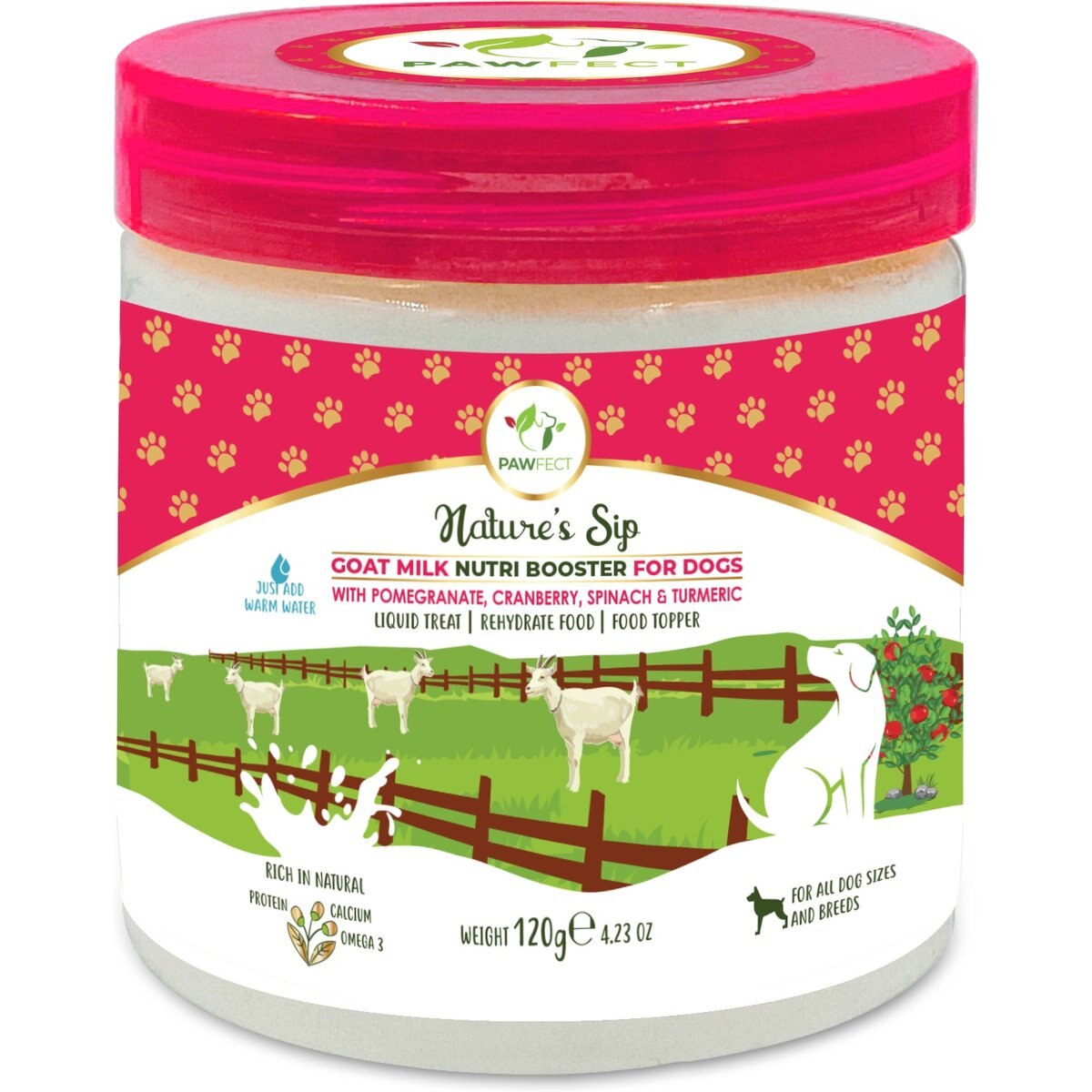 Pawfect Nature Sip Goat Milk Powder with Pomegranate, Cranberry, Spinach & Turmeric Grain-Free Dog Food Topper & Liquid Treat, 4.23-oz jar