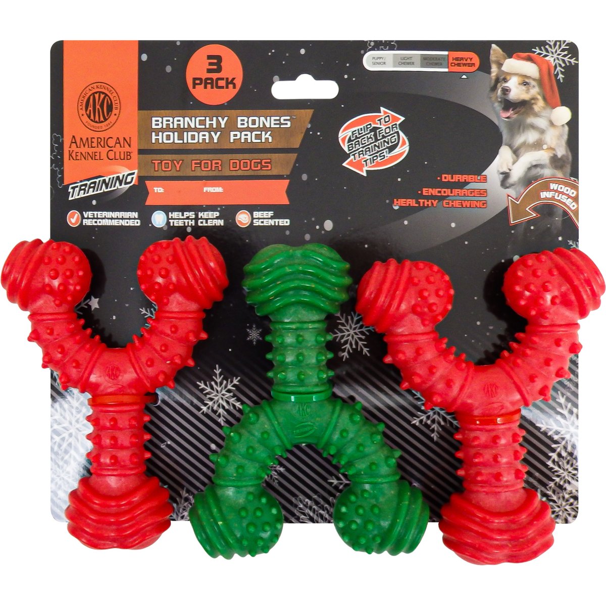 American Kennel Club Christmas Training Beef Scented Spiky Wishbone Dog Chew Toys, 3 count