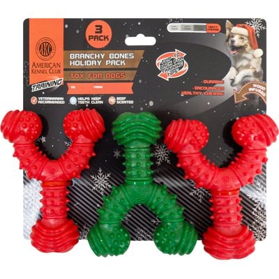 American Kennel Club American Kennel Club Christmas Training Beef Scented Spiky Wishbone Dog Chew Toys, 3 count