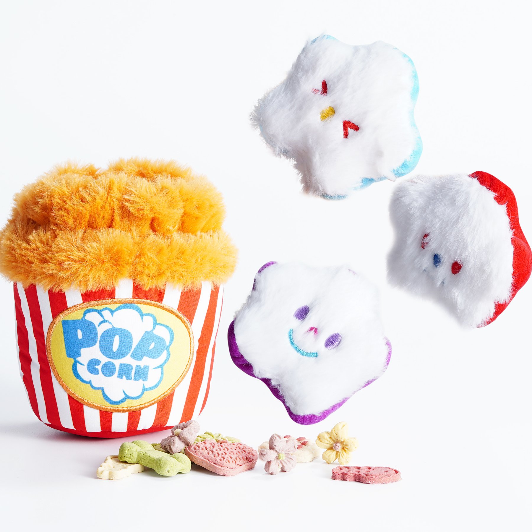 Nocciola Popcorn Bucket Variety Pack Interactive Squeaky Stuffed Dog Toy, 4 count