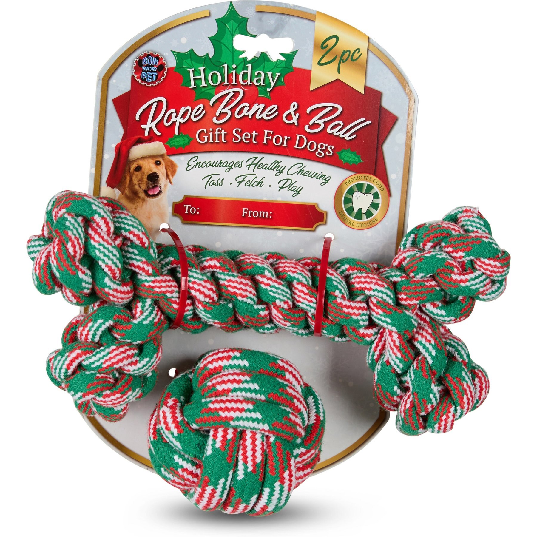 Bow-Wow Pet Christmas Holiday Rope Bone & Ball Dog Toy Set, 2 count