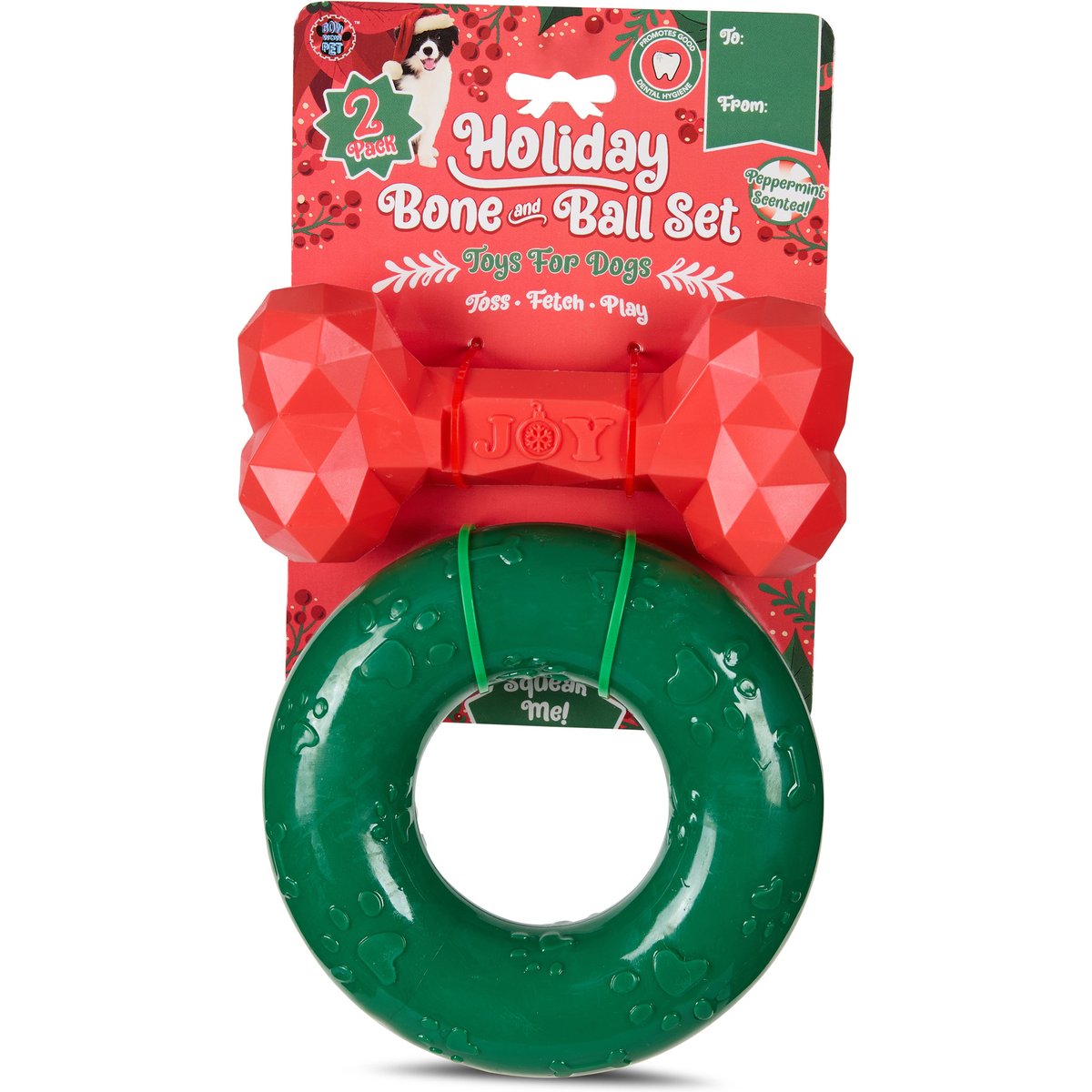 Bow-Wow Pet Christmas Holiday Bone & Wreath Squeaky Dog Toys, 2 count