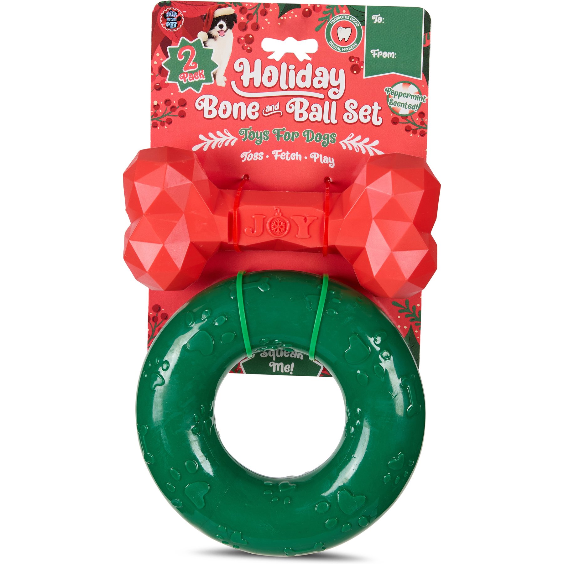 Bow-Wow Pet Christmas Holiday Bone & Wreath Squeaky Dog Toys, 2 count