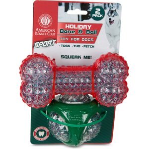 American Kennel Club Christmas Sports Holiday Glitter Bone & Squeaky Basketball Dog Toy Set, 2 count