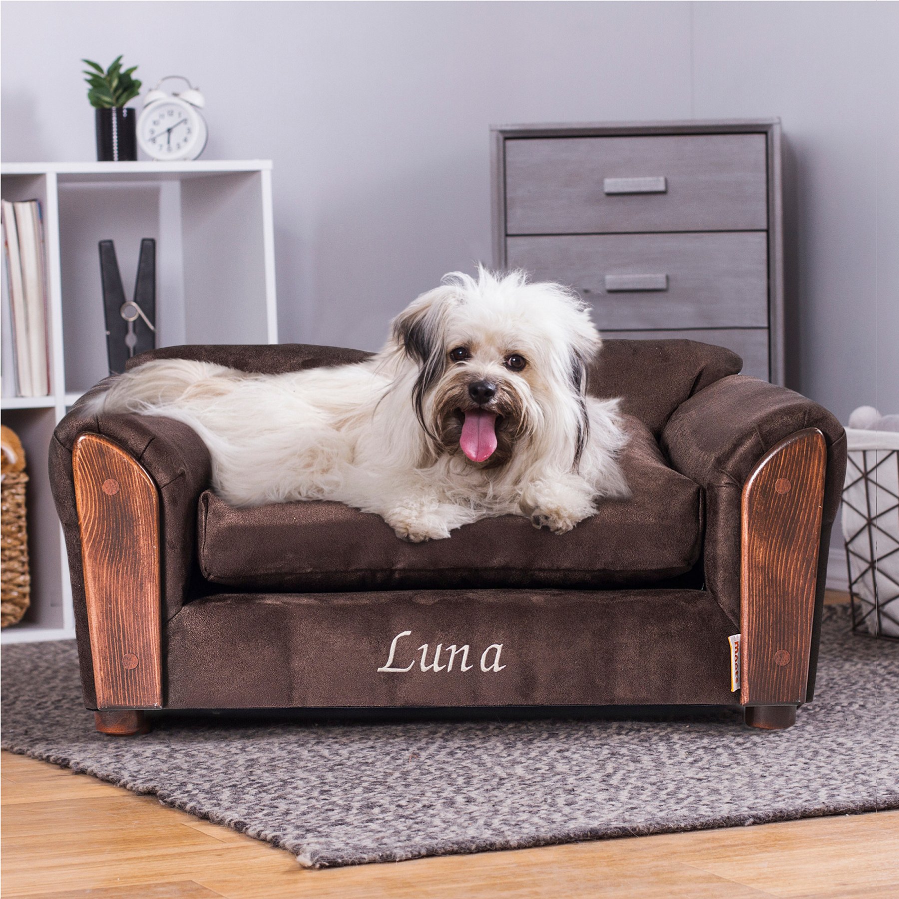 Moots Personalized VIP Microsuede Oak Couch Dog Bed with Removable Cover, Chocolate, Medium