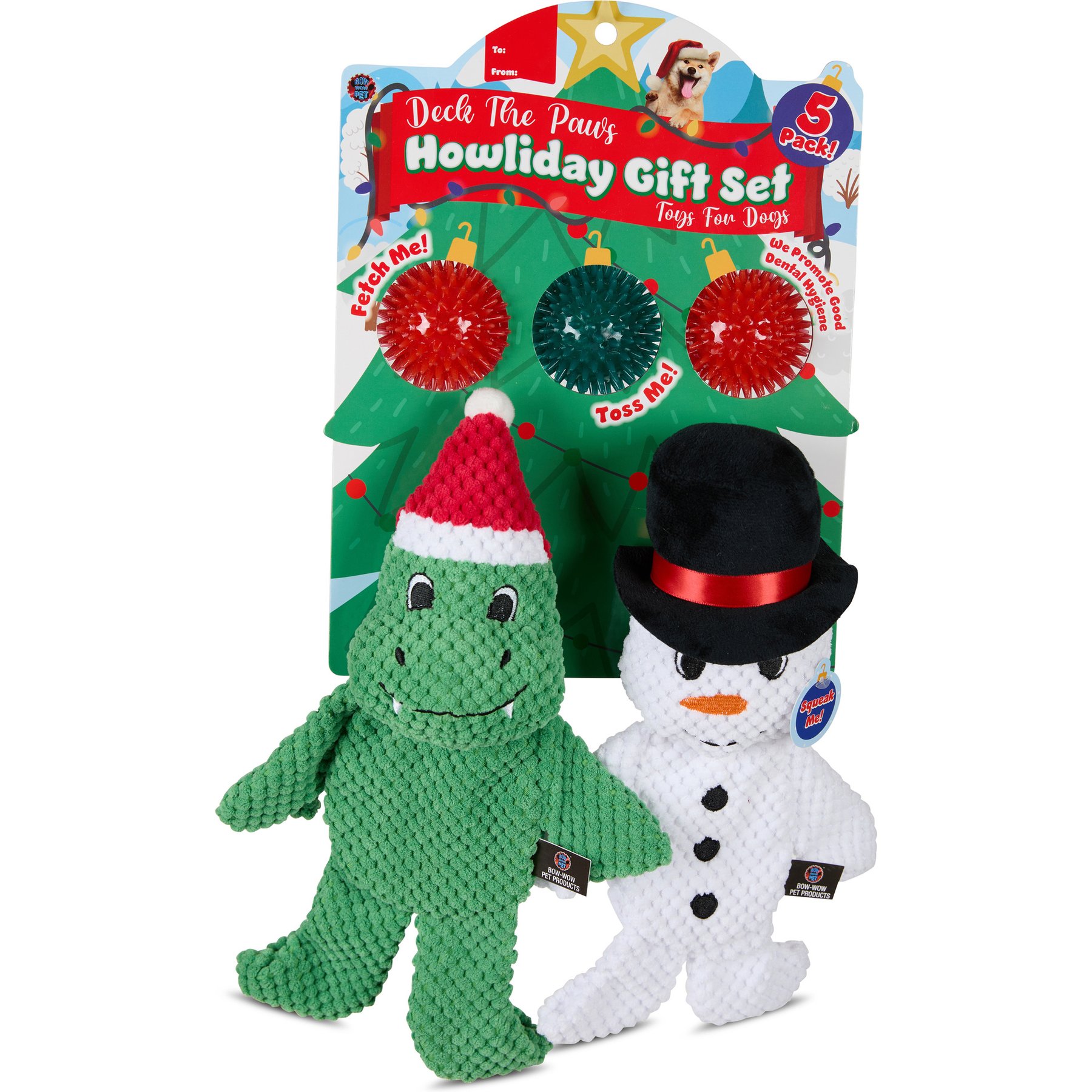 Bow-Wow Pet Christmas Dino Popcorn Holiday Dog Toy Gift Set, 5 count