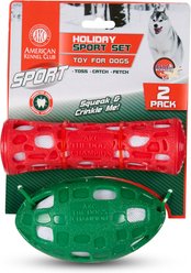 American Kennel Club Christmas Sport Vanilla Scented Holiday Stick & Football Dog Toy Set, 2 count