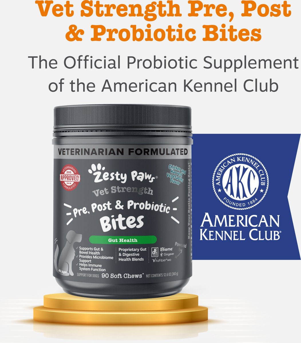Zesty Paws Vet Strength Pre, Post, & Probiotic Soft Chews Gut Flora & Digestive Supplement for Dogs