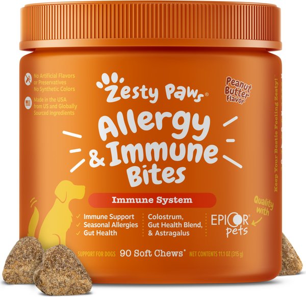 Show full view: Zesty Paws Allergy & Immune Bites Allergies, Immune, & Gut Support Peanut Butter Flavored Soft Chews Supplement for Dogs, 90 count slide 1 of 11