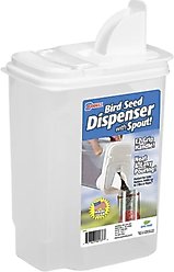 Buddeez Bird Seed Dispenser with Double Pour Spout, Clear & White, 4-qt
