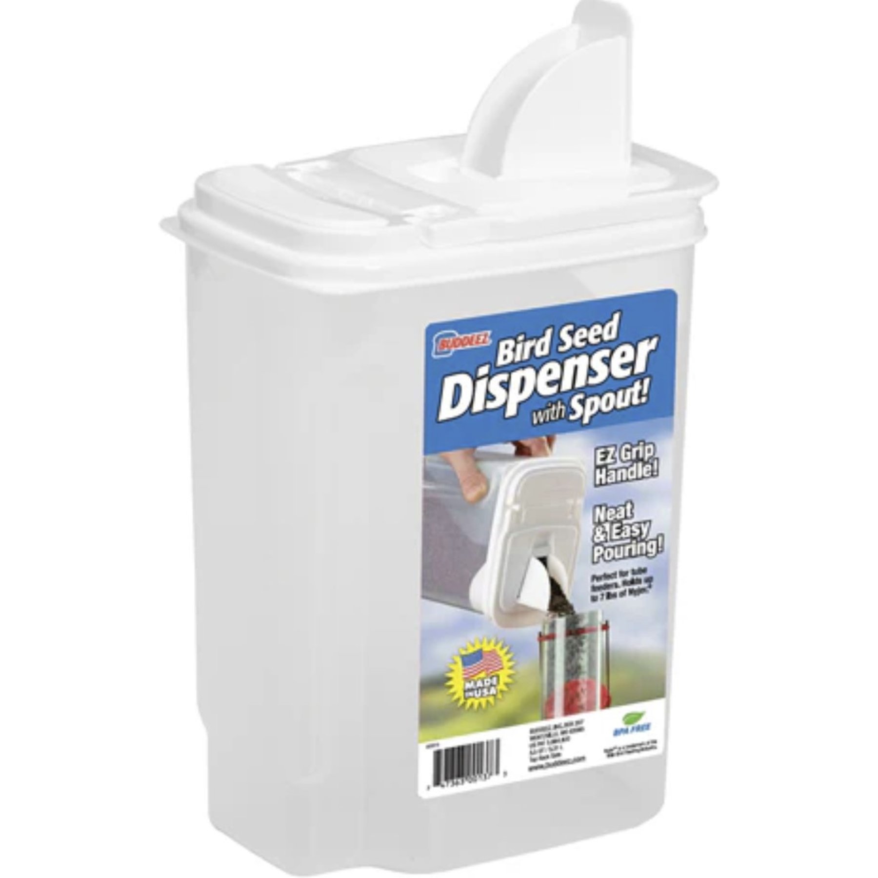 Buddeez Bird Seed Dispenser with Double Pour Spout, Clear & White, 4-qt