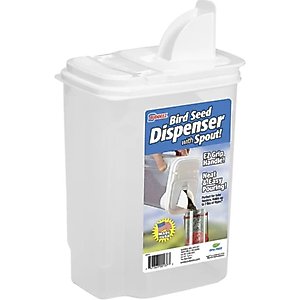 Buddeez Bird Seed Dispenser with Double Pour Spout, Clear & White, 4-qt