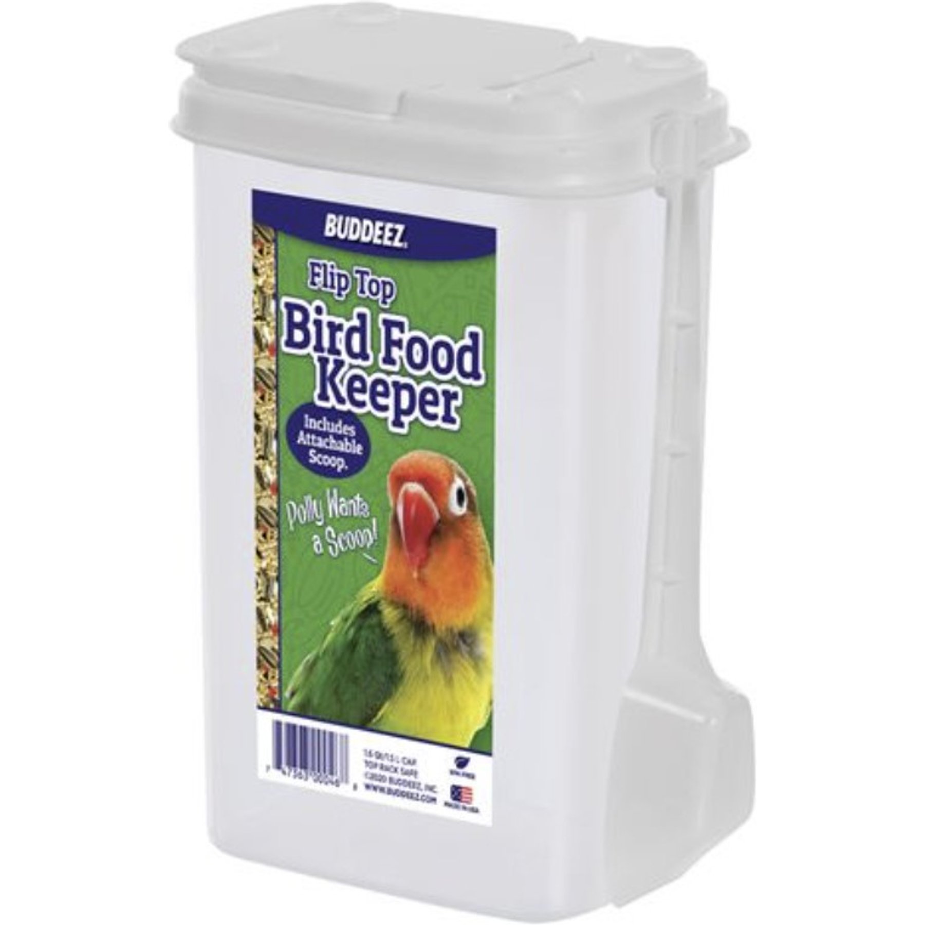 Buddeez Bird Seed Dispenser with Scoop, Clear & White, 1.6-qt