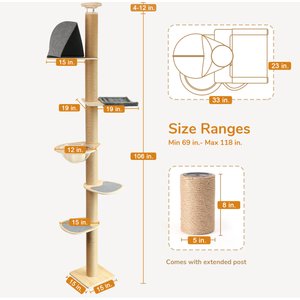 FUKUMARU 118-in Jute Rope Floor-to-Ceiling Cat Tree & Condo with Hammock, Brown